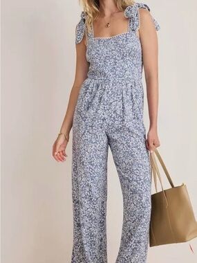 Francesca's Collections Blue Floral Tie-Shoulder Smocked Jumpsuit